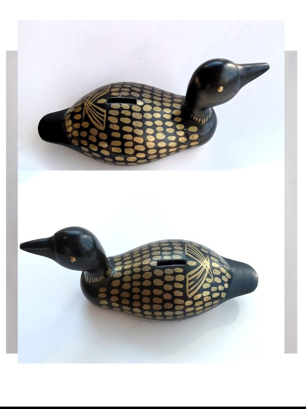 VTG Brass Duck Figurine Coin Bank Hand-Painted Loon Home Decor Enamel Heavy Door